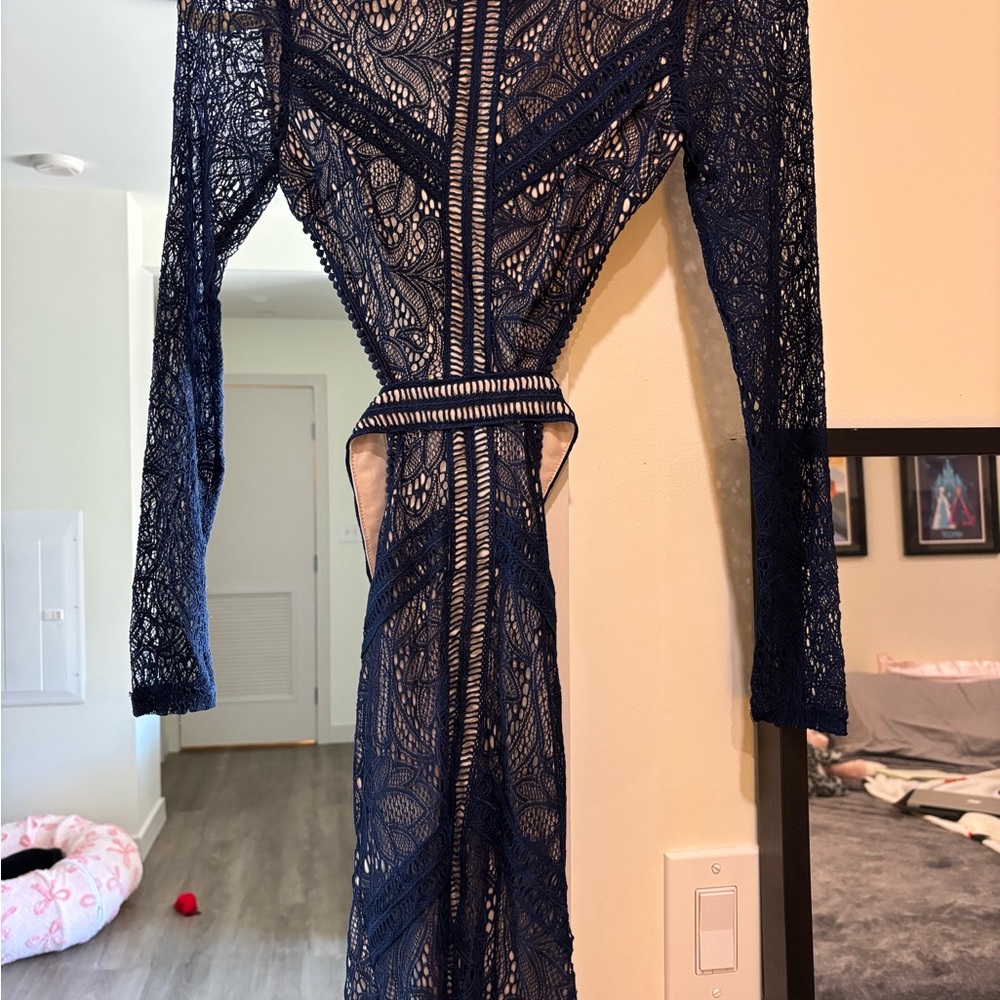 Missguided Navy Lace Long Sleeve Dress